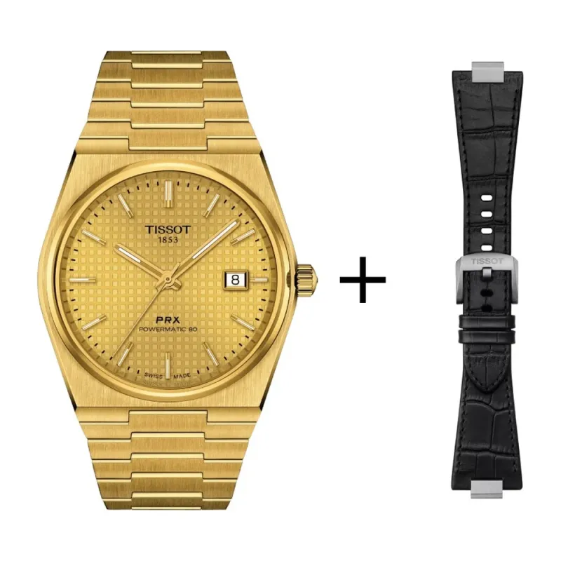 Tissot PRX Gold Powermatic men's watch 80 T137.407.33.021.00 set with black leather strap
